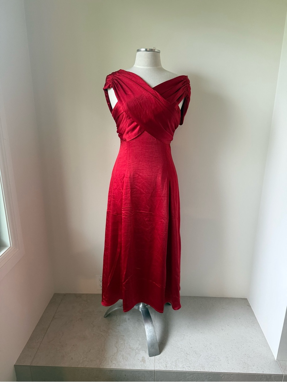 Meshki Scarlet Red Cross-Front Midi Dress